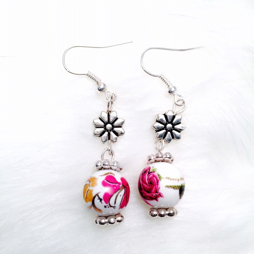 New! Handmade Floral Ceramic Bead Drop Earrings